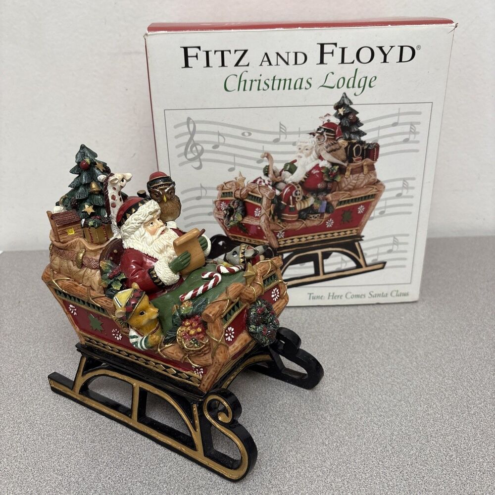 Fitz And Floyd Christmas Lodge Musical Santa On Sleigh “Here Comes Santa Claus”